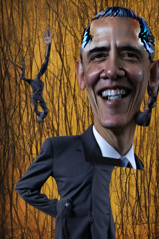 Prompt: Obama with long arms and legs, staring at viewer, smiling, Horror, found footage, dark forest background