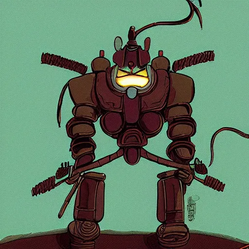 Prompt: A cell animation of a robot samurai, Nausicaa of the Valley of the Wind, Miyazaki Hayao, ghibli style, illustration, anime, trending on artstaion