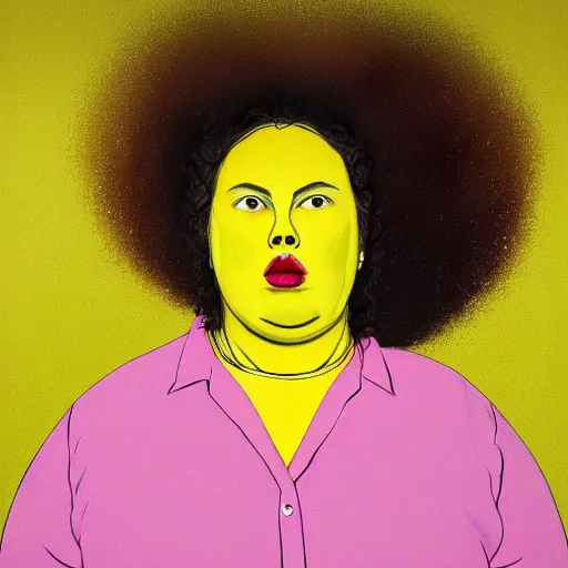 Image similar to colorful and festive cute young plus size todd solondz with tan skin, clear sharp todd solondz face, wearing yellow floral blouse. full body, rich vivid pastel colors, ambient lighting, dynamic lighting, 4 k, atmospheric lighting, painted, intricate, highly detailed by francis bacon and charlie bowater and damien hirst