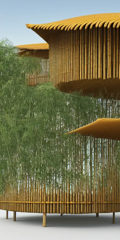 Prompt: photo of a bamboo pavilion with hundreds of thin steel round columns. corona render