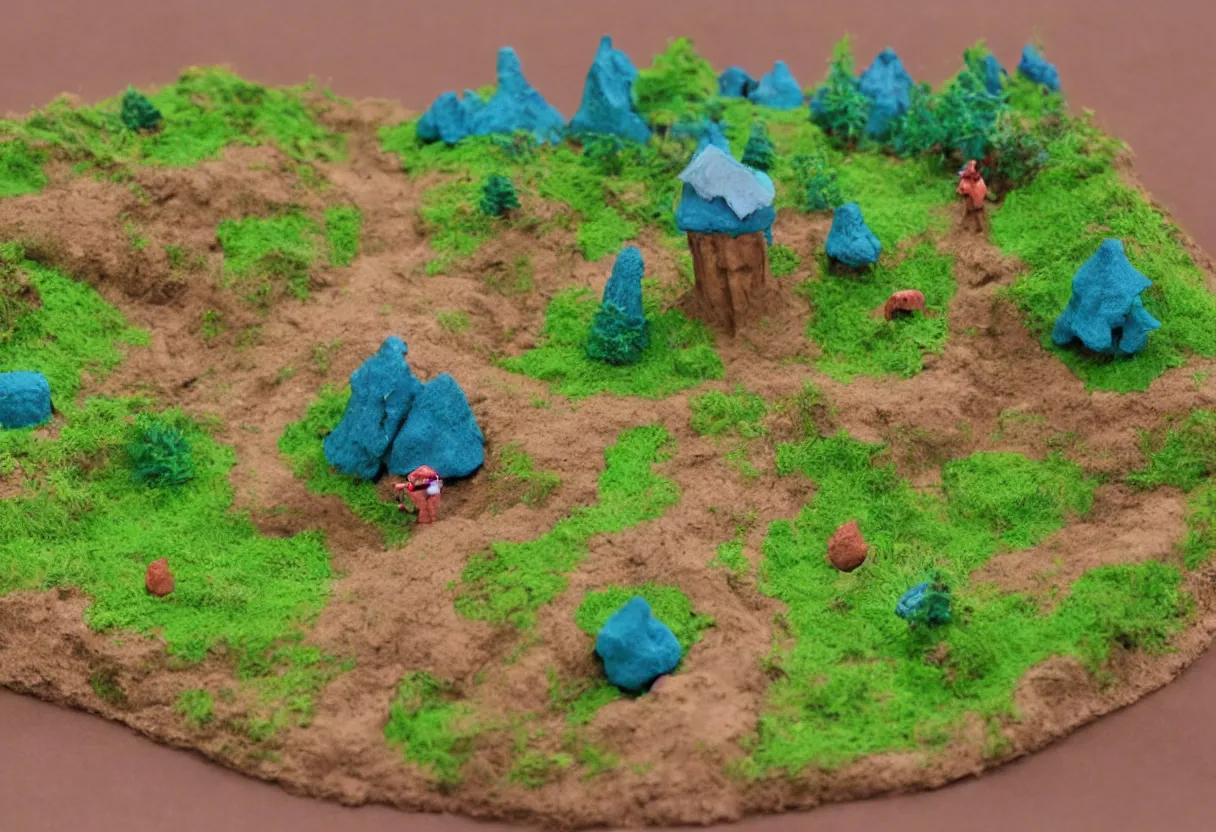 Image similar to claymation landscape, miniature stop motion