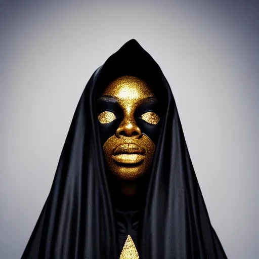 Image similar to a portrait of a young black woman wearing a long dark cloak, hood and shadows covering face, wearing shiny gold, oil painting, matte painting, black background, Volumetric Golden dappled dynamic lighting, Highly Detailed, Cinematic Lighting, Unreal Engine, 8k, HD, by Beksinski