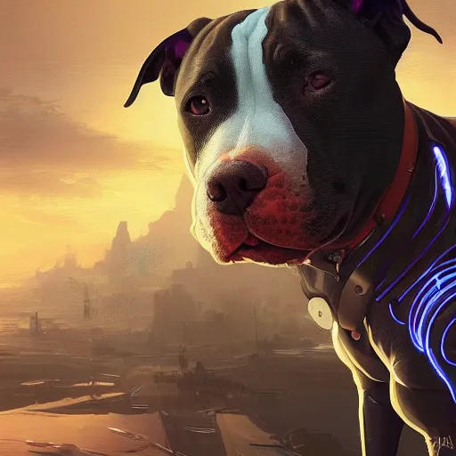 Prompt: an amazing portrait of a cute mad solarpunk pitbull. intricate, epic lighting, cinematic composition, hyper realistic, 8 k resolution, unreal engine 5, by artgerm, tooth wu, dan mumford, beeple, wlop, rossdraws, james jean, marc simonetti, artstation