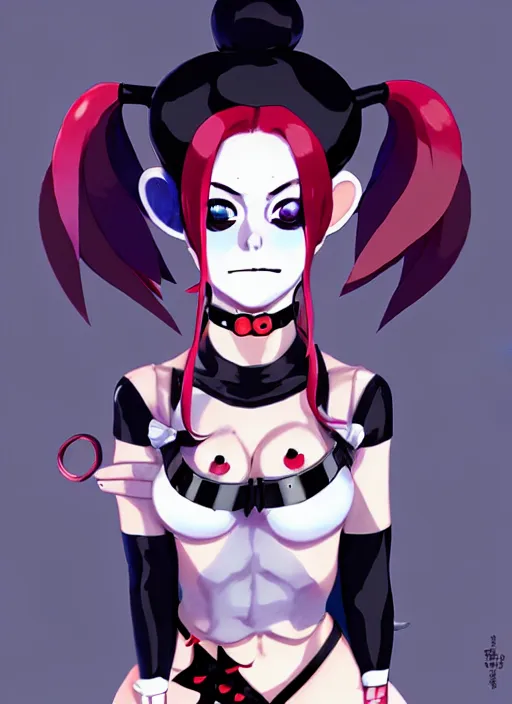 Image similar to portrait of cute goth harley quinn in latex clothes, illustration concept art anime key visual trending pixiv fanbox by wlop and greg rutkowski and makoto shinkai and studio ghibli