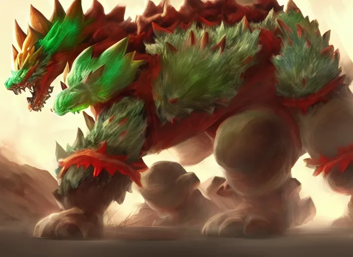 Image similar to detailed concept art of a huge giant bowser by cheng yi and luolin, aartstation, artstationhd, detailed scales, spiky and red hair tuft green scales. bowser, bowser nintendo, koopa, ~ bowser # bowser ( ( mario ) ) bcy. net, realistic. cheng yi, fire breathing. bowser