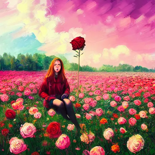 Image similar to giant rose flower head, full body girl sitting in a flower field, surreal photography, sunrise, dramatic light, impressionist painting, colorful clouds, digital painting, artstation, simon stalenhag