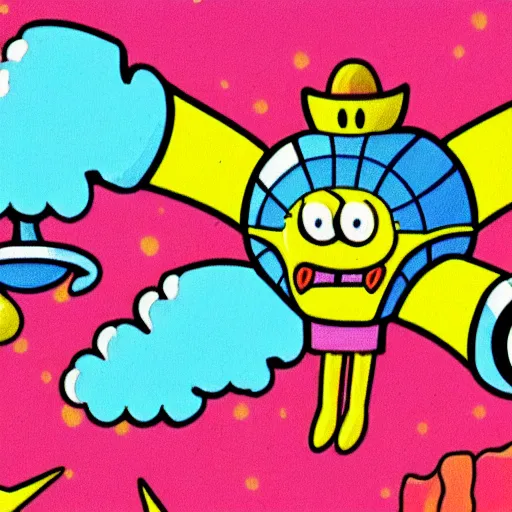 Image similar to sponge bob driving an alien mothership in cartoon network style, vivid colors.