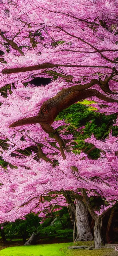 Image similar to “ a portrait photo of tyrannosaurus at a sakura tree, side shot, by shunji dodo, 8 k resolution, high quality ”