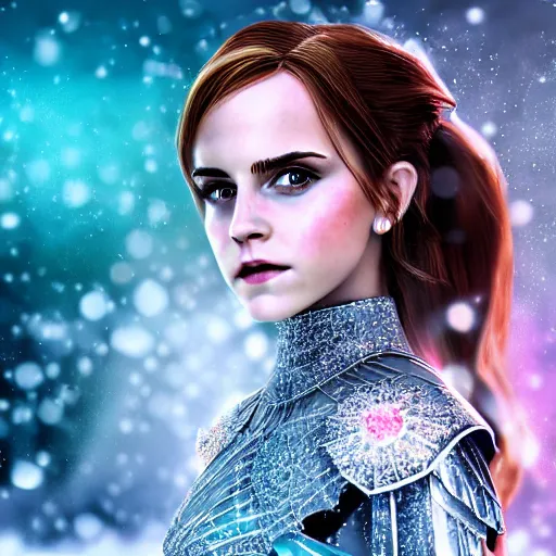 Prompt: portrait shot, emma watson as the queen of ice, ice crystal armor, snow falling, 4 k, digital art, trending on art station, hd, doll, colorful backdrop, film grain, gritty, high res, high detail, 8 k, render