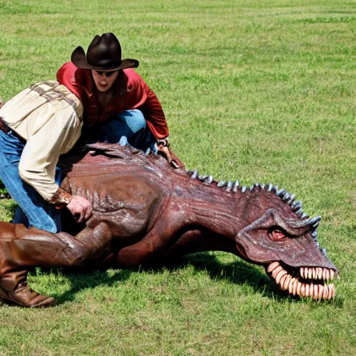 Image similar to cowboy wrestling a dinosaur