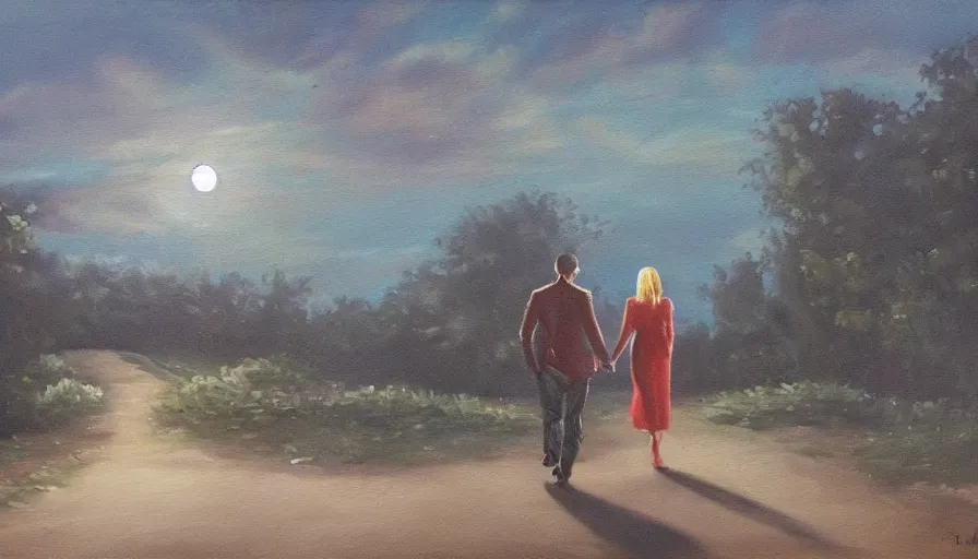 Image similar to oil painting, happy lovers leaving together, she is carressing him, walking towards the full moon, cinematic lighting, wow, establishing shot