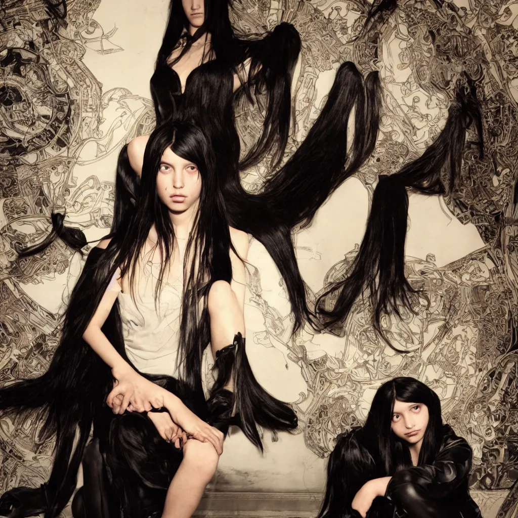 Image similar to photo of lonely young girl with straight long black hair wearing black dress and sitting on bathroom floor, photo made by mario testino and vanessa beecroft, render by artgem and alphonse mucha for capcom co, resident evil