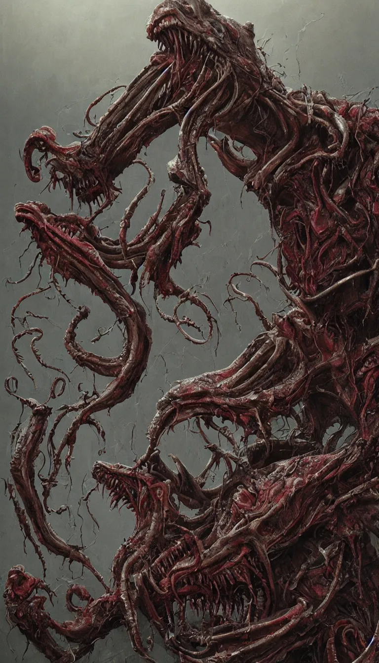 Prompt: horrific monstrosity birthed by a Fleshy Carrion tea xenomorph and the Devil’s wit with a bloody exterior and sharp teeth protruding out of every aspect of the body, volumetric lighting, extremely detailed, hyperrealism, 8k resolution, cinematic masterpiece with dark undertones, in the style of Zdzisław Beksiński
