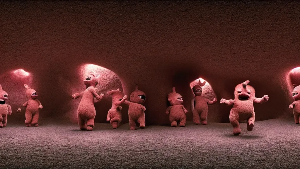 Prompt: Deranged Teletubbies form a cave out of their bodies , film still from the movie directed by Denis Villeneuve with art direction by Zdzisław Beksiński, wide lens