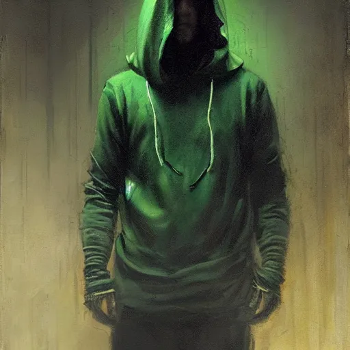 Prompt: portrait of a chad programmer with green hood by jeremy mann, dramatic lighting