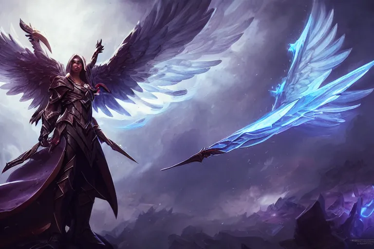 Image similar to amazing portrait of archangel micheal, league of legends splash art, deiv calviz, splash art, natural light, elegant, intricate, fantasy, atmospheric lighting, by greg rutkowski, league of legends splash art, hd wallpaper, ultra high details