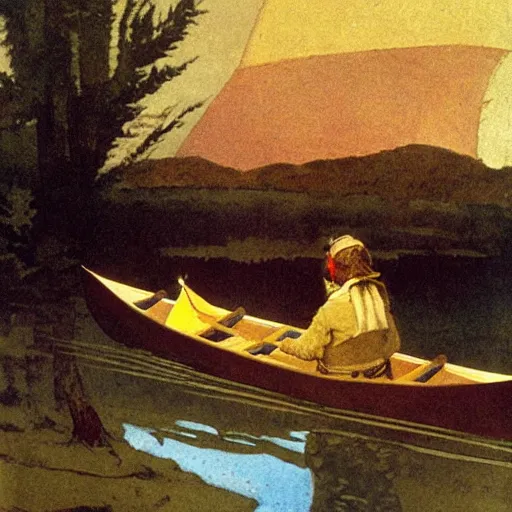 Prompt: fur trader in a canoe, 1 8 5 0. illustrated by n. c. wyeth.