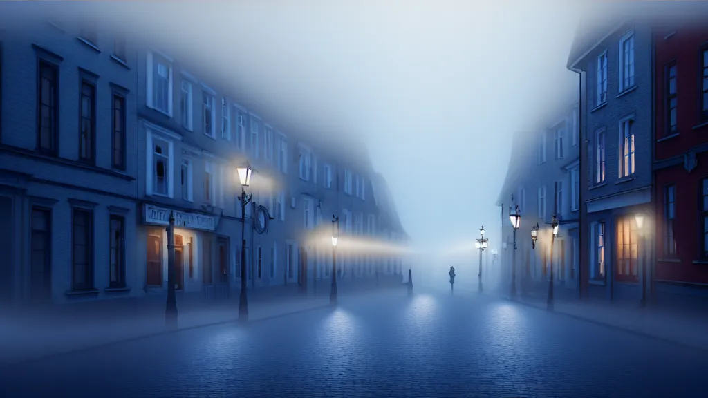 Prompt: the old town with houses in the windows of which the light is on. early morning, fog. mike barr painting. volumetric light, derk blue ambient, noir arthouse, 3 5 mm, hight detalied, hd, 4 k