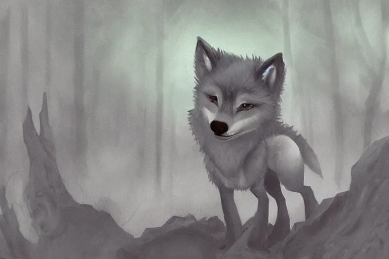 Prompt: a baby grey wolf in a dark forest, highly detailed, digital art, trending on artstation, backlighting, by kawacy, by ken sugimori, fan art