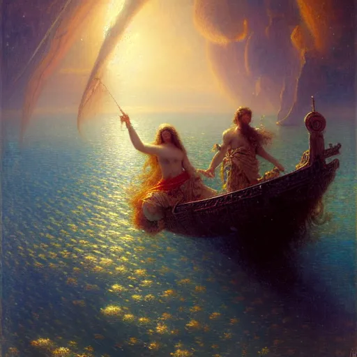 Image similar to you are at the bottom of the ocean looking up, see fishes swimming, the milk way, night time, midnight. highly detailed painting by gaston bussiere, greg rutkowski 8 k