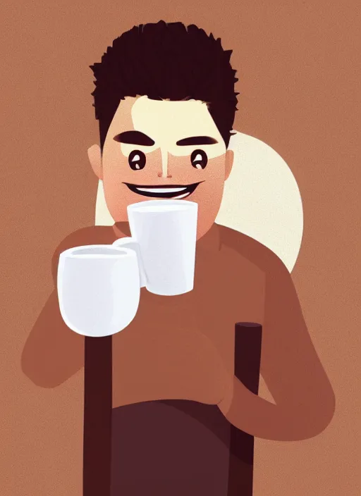 Prompt: a white young man drinking from a coffee cup, which is a brown flower, big smile, prominent big eyes, wise forehead, big lips, round portruding chin, background full of brown flowers, standout colours, thin sharp lines, digital painting, artstation, matte, sharp focus, illustration, moe artstyle