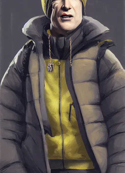 Prompt: bob odenkirk wearing a black supreme puffer jacket, a beanie and a golde necklace, elegant, digital painting, concept art, smooth, sharp focus, illustration, from starcraft by ruan jia and mandy jurgens and artgerm and william - adolphe bouguerea