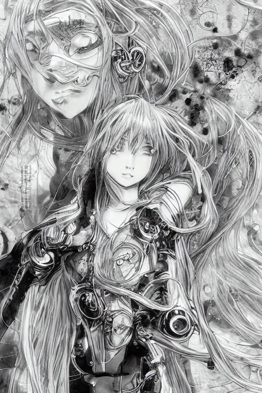 Image similar to a vertical portrait of a character in a scenic environment by Yoshitaka Amano, black and white, dreamy, cybernetic suit, wavy long black hair, highly detailed