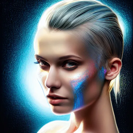 Prompt: half - electric striking woman, complex and hyperdetailed technical, rays and dispersion of light, noise film photo, cute - fine - face, pretty face, oil slick hair, realistic shaded perfect face, extremely fine details, realistic shaded lighting, dynamic background, artgerm, 8 k ultra realistic, highly detailed, michael whelan