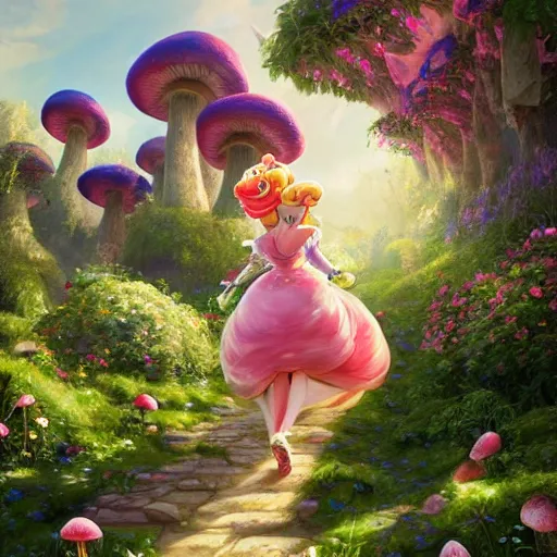 Prompt: portrait of princess peach, running up a hill of exotic flowers in the Mushroom Kingdom, giant mushrooms, and roses, from behind, Castle in distance, birds in the sky, sunlight and rays of light shining through trees, beautiful, solarpunk!!!, highly detailed, digital painting by Michael Garmash and Peter Mohrbacher