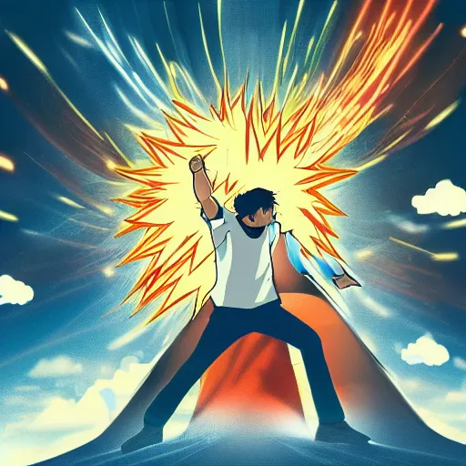 Image similar to man hitting the ground creating a explosion, anime, album cover