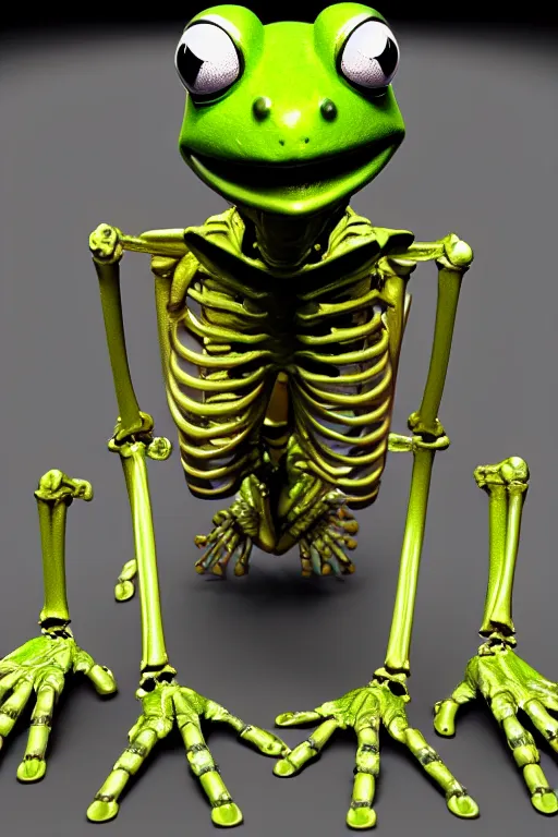 Image similar to movie poster of kermit the terminator, chromatic humanoid skeleton frog skeleton hybrid, robot, ultra realistic, cinematic lighting hd photography,