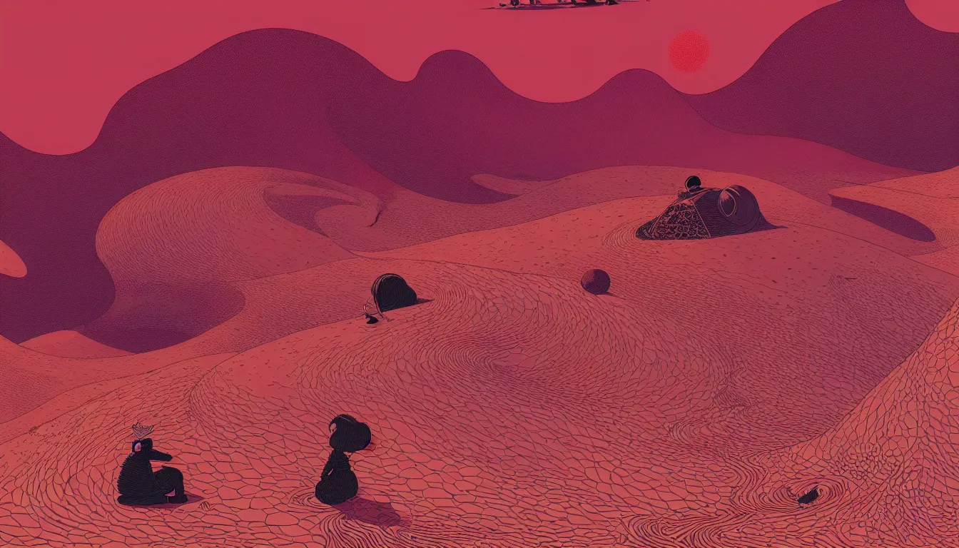 Prompt: desert dunes by balmy enso, jamie hewlett, nicolas delort, moebius, victo ngai, josan gonzalez, kilian eng