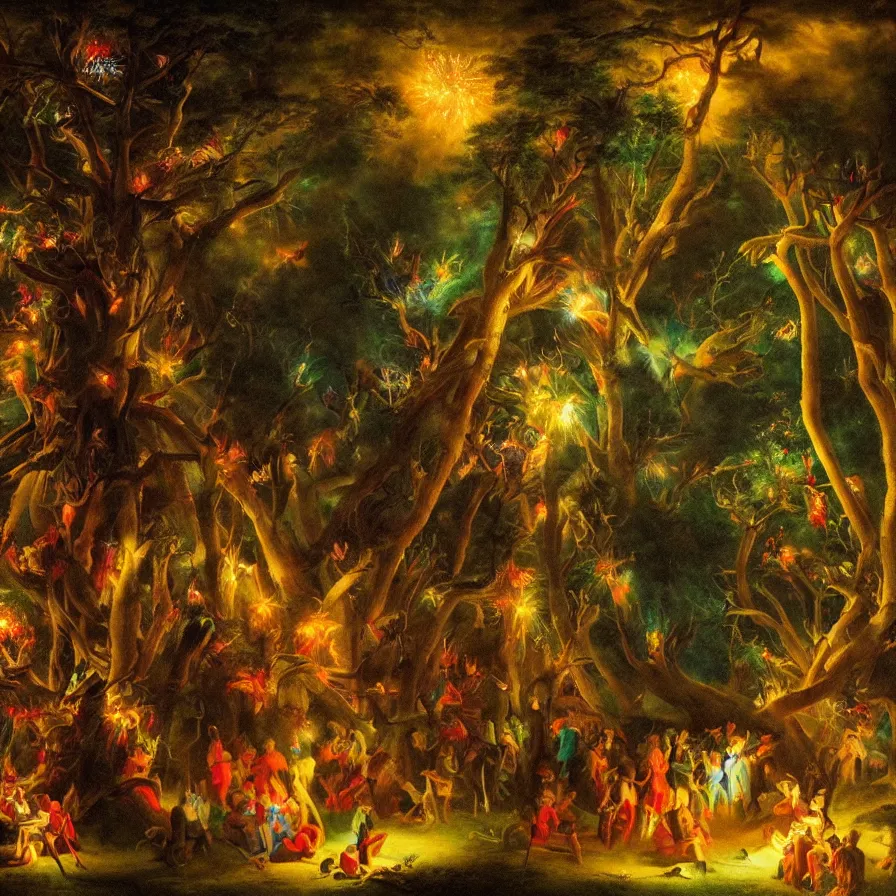 Image similar to closeup of a night carnival inside a tree cavity in a magical forest in the middle of a summer storm, with a music scenario with many fireworks and christmas lights, volumetric lightning, instense god rays in the sky, folklore people disguised with fantastic creatures in a magical forest by summer night, masterpiece painted by ary scheffer, very coherent and colorful high contrast masterpiece,