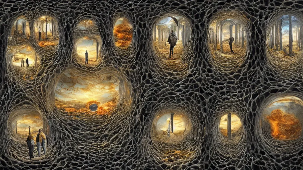Prompt: the seven circles of hell in the styles of igor morski, jim warren, and rob gonsalves, intricate, volumetric lighting, fiery, imaginative