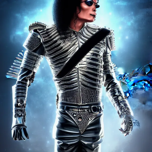 Image similar to beautiful!! futuristic cyberpunk michael jackson angel warrior with ornate slick pearl armor, highly detailed 8 k hdr smooth sharp focus high resolution award - winning photo photorealistic
