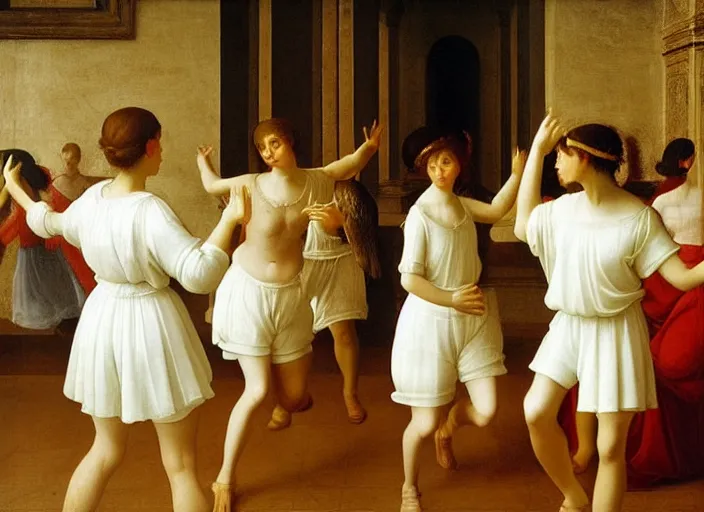 Prompt: realistic museum photography of a painting with a group of girls wearing white shorts, dancing with white pigeons in a wooden room in style raffaello sanzio, italian renaissance painting, detailed