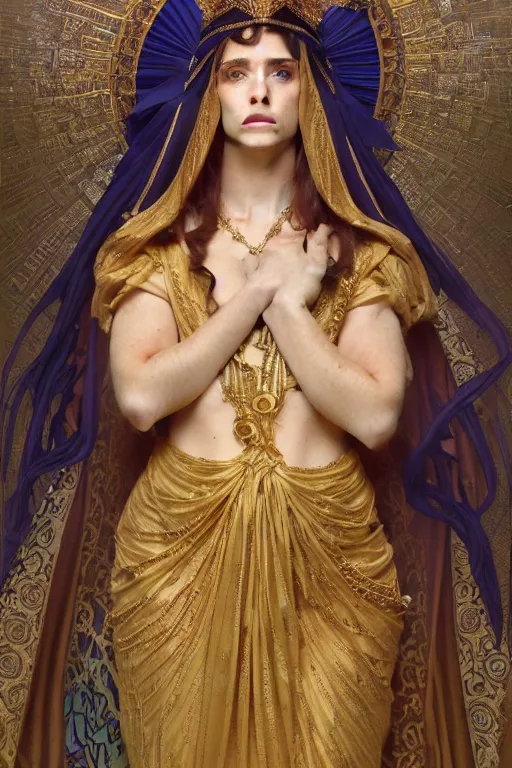 Image similar to Portrait of historically accurate, biblical, sneering, young, wicked, terrible, evil, pagan, beautiful, queen jezebel of ancient Israel, wearing gilded robes, long hair, intricate, elegant, highly detailed, masterpiece, illustration, art by artgerm and greg rutkowski and alphonse mucha and Wayne Barlowe and william-adolphe bouguereau, highly detailed, trending on artstation, award winning