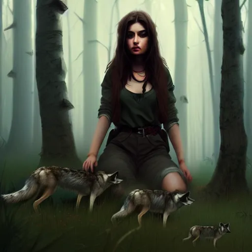 Prompt: a pretty girl surrounded by wolves, in the woods, digital painting, photorealistic, in the style of greg rutkowski, full body, detailed face, cinematic