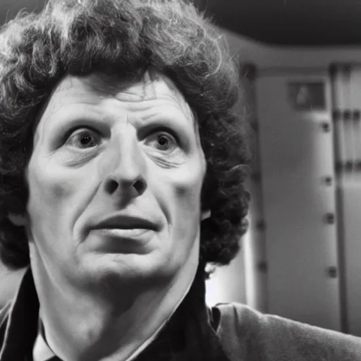 Prompt: Tom Baker as the Doctor in his burgundy costume in the Tardis secondary control room