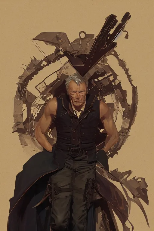 Image similar to clint eastwood as full metal alchemist, portrait, western, duster, fantasy, intricate, elegant, highly detailed, digital painting, artstation, concept art, sharp focus, illustration, art by artgerm and greg rutkowski and alphonse mucha