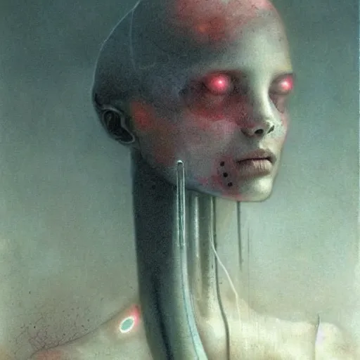 Prompt: A cute cyborg girl by Beksinski