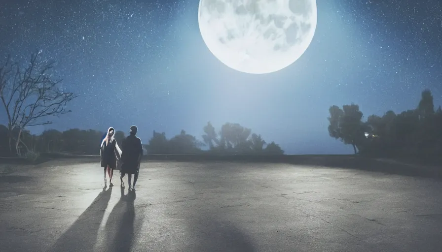 Image similar to a couple leaving together in the night, walking towards the full moon, cinematic lighting, wow, establishing shot