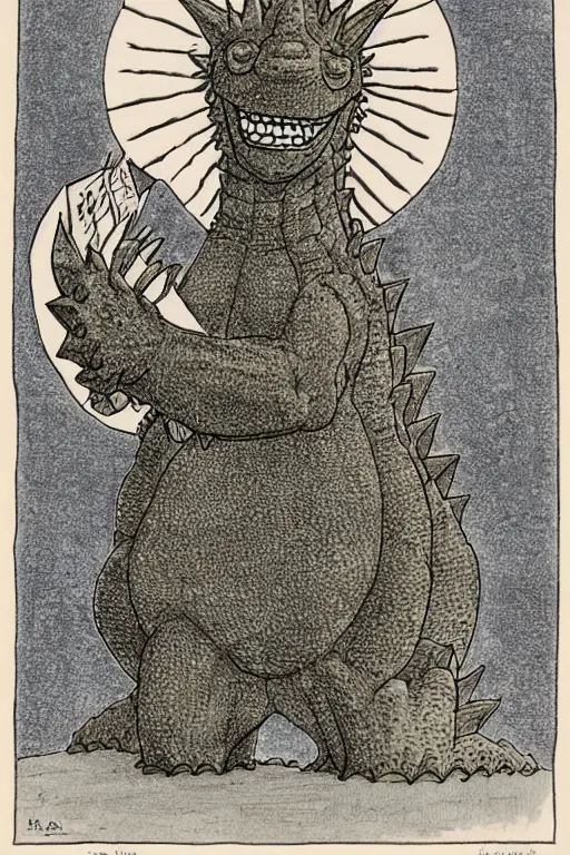 Prompt: godzilla wearing a crown, by maurice sendak