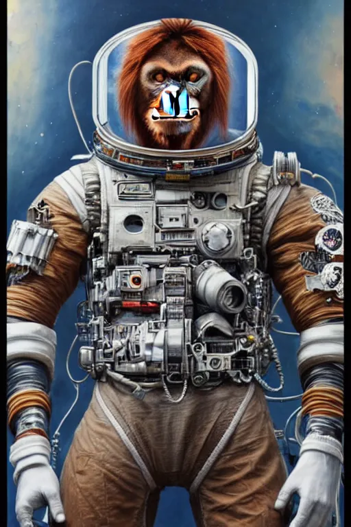 Image similar to a portrait of a muscular anthropomorphic cyberpunk orangutang in spacesuit armor with ensignia on chest plate by sandra chevrier, by jon foster, detailed render, pistol in holster, extremely hyperdetailed, tape deck, epic composition, cybernetics, 4 k realistic, cryengine, realistic shaded lighting, sharp focus, masterpiece, by enki bilal