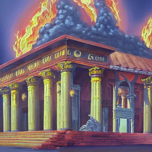 Image similar to a beautiful, detailed, and realistic oil painting of the Temple of Solomon in flames