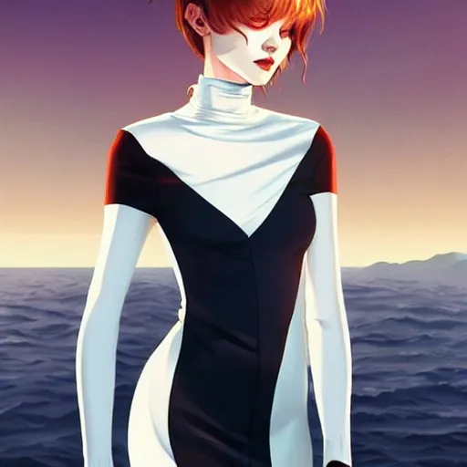 Prompt: beautiful pale vampire with auburn hair in a white turtleneck dress, on a super yacht, by guweiz and wlop and ilya kuvshinov and and moebius and bilal and artgerm, symmetrical eyes, aesthetic, gorgeous, stunning, alluring, attractive, artstation, deviantart, pinterest, digital art