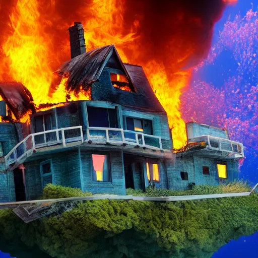 Image similar to a house burning underwater, with a humanoid robot, 8 k resolution, colorful, mariana trench