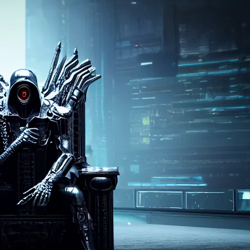 Image similar to evil cyberpunk dark lord sitting on a throne, highly detailed, photorealistic portrait, bright studio setting, studio lighting, crisp quality and light reflections, unreal engine 5 quality render