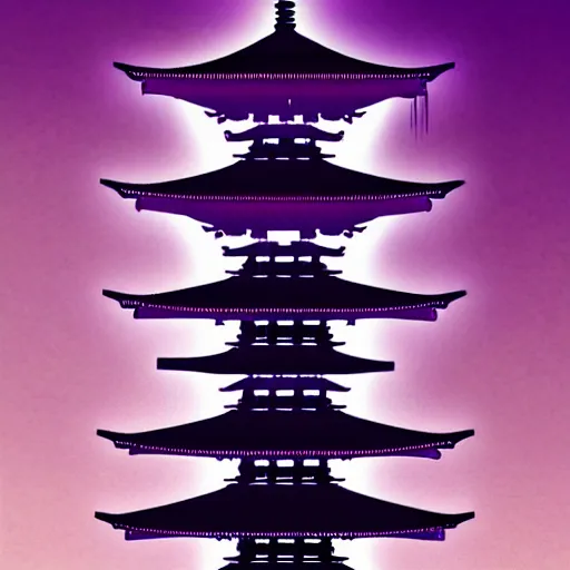 Image similar to Futuristic Pagoda Shrine in Tokyo megapolis in style of Tsutomu Nihei in purple and black tones. ArtStation, Cyberpunk, vertical symmetry, 8K, Highly Detailed, Intricate, Album Art.