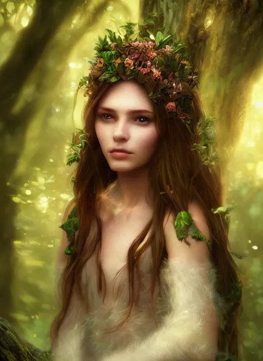 Image similar to portrait of a gorgeous fairy princess of the forest, 8k render, ultra realistic, cinematic lighting, artstation, Annie Leibovitz, artgerm